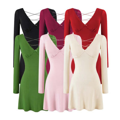 Ladies form-fitting mini dress with a deep V-neckline, gathered bust, and crossed back straps EVA-US