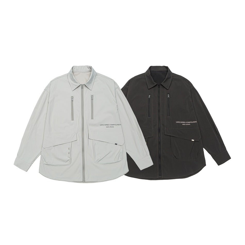 Unisex Technical Overshirt Jacket in Boxy Cut with Front Zipper and Multi-Function Pockets EVA-US