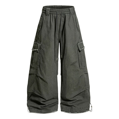 Women's Wide Cargo Pants with Elastic Waistband, Cargo Pockets, and Adjustable Hem EVA-US