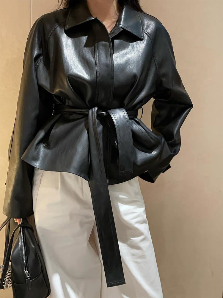 Women Tailorable Faux Leather Jacket with Wrap Belt and Boxy Silhouette EVA-US