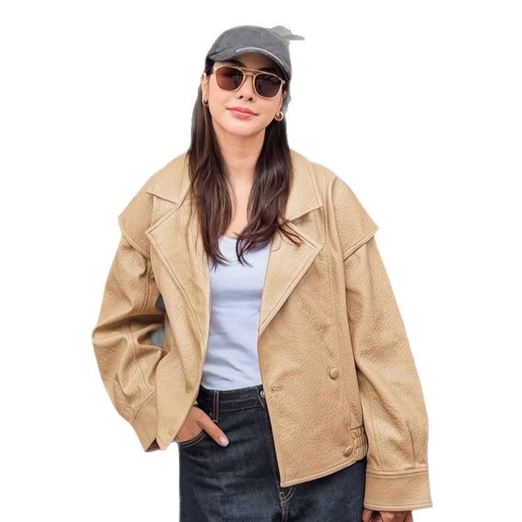 Women's Oversized Faux Leather Bomber Jacket with Boxy Cut and Wide Lapels EVA-US