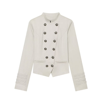 Women's tailored short blazer in sailor military style with stand-up collar and decorative buttons EVA-US