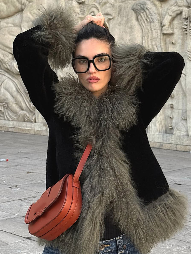 Women's short coat made of artificial fur with voluminous curl trim EVA-US