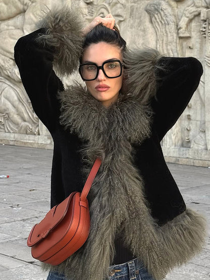 Women's short coat made of artificial fur with voluminous curl trim EVA-US
