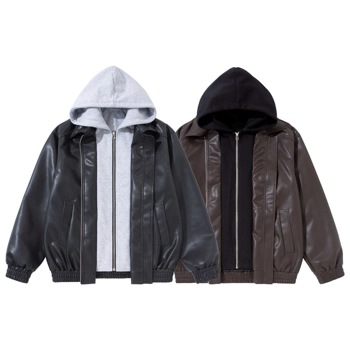 Men's Boxy Leather Blouson with Attached Jersey Hood and Ribbed Hem EVA-US