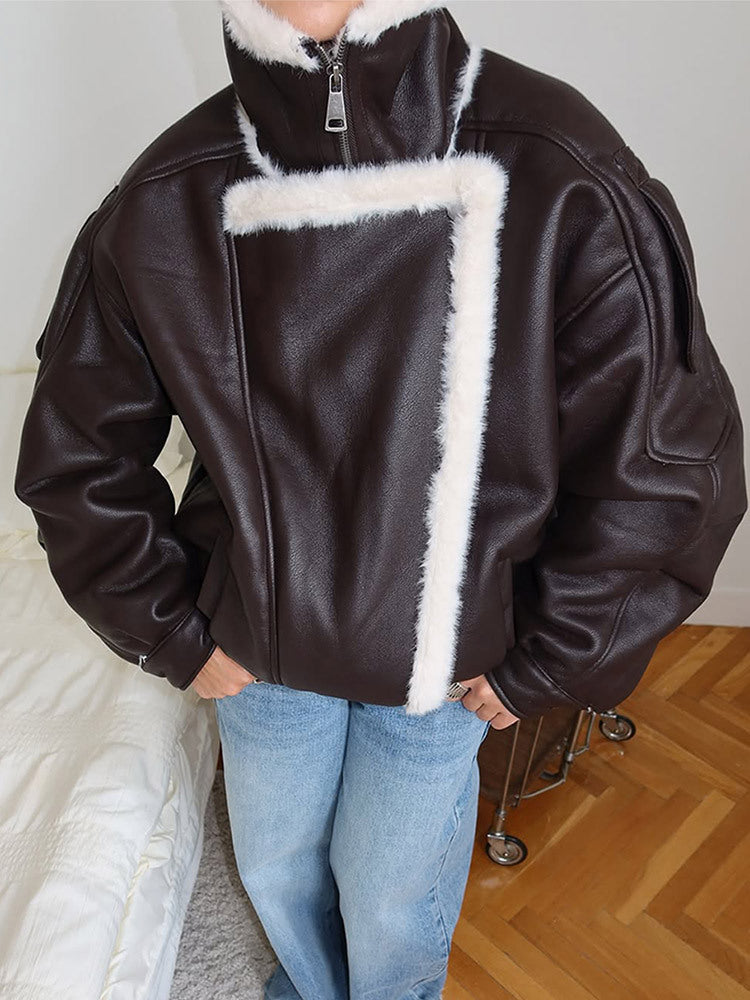 Women's Oversized Pilot Jacket made of Faux Leather with Asymmetrical Faux Fur Trim EVA-US