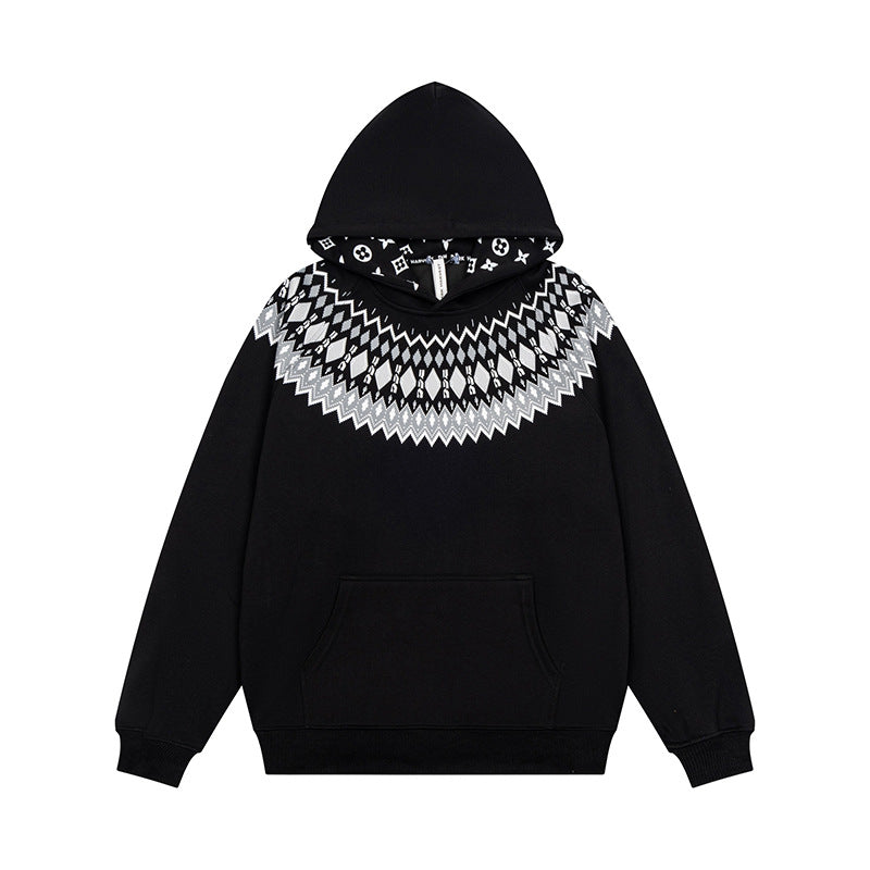 Unisex Oversize Hoodie with Nordic Round Yoke Jacquard, Kangaroo Pocket and Ribbed Cuffs EVA-US