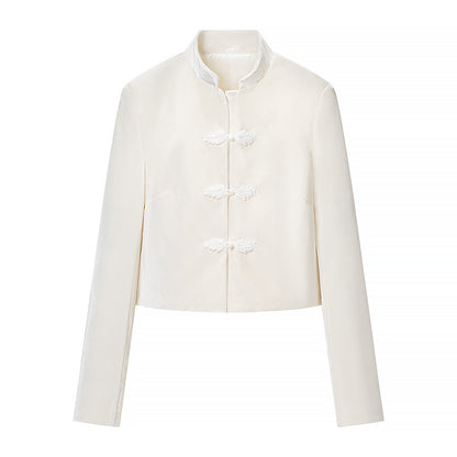 Women's Cropped Jacket in Mandarin Style with Stand Collar and Decorative Knot Closures EVA-US