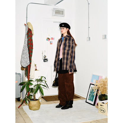 Men's Boxy Flannel Shirt Jacket with Checked Jacquard and Patch Chest Pocket EVA-US