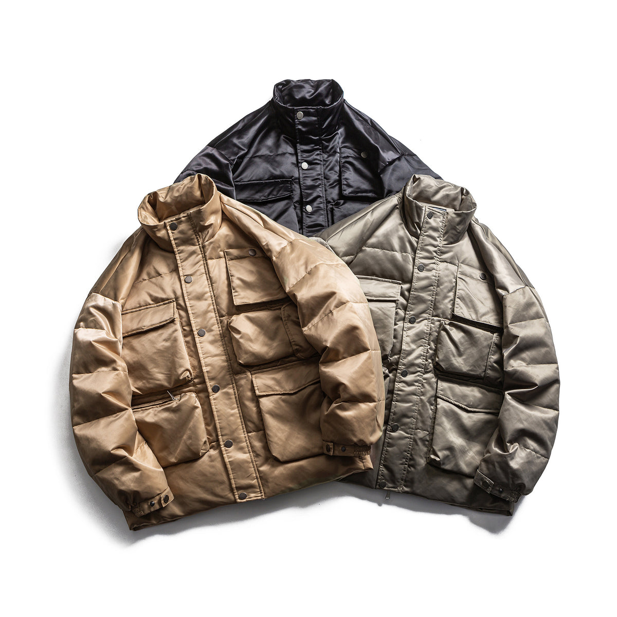 Men's Boxy Insulation Jacket in Field Style with Cargo Pockets and High Standing Collar EVA-US
