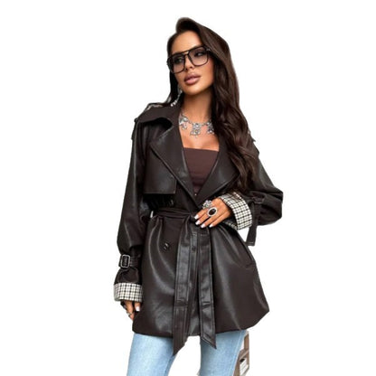 Women's Short Faux Leather Trench Coat with Belted Waist and Check Cuff Flaps EVA-US