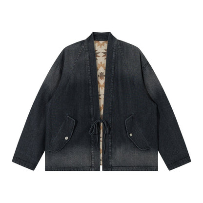 Unisex Jeans Kimono Jacket with Tie Belt and Patterned Lining EVA-US