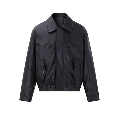 Men's Short Boxy Leather Blouson with Flap Pockets and Elastic Waistband EVA-US