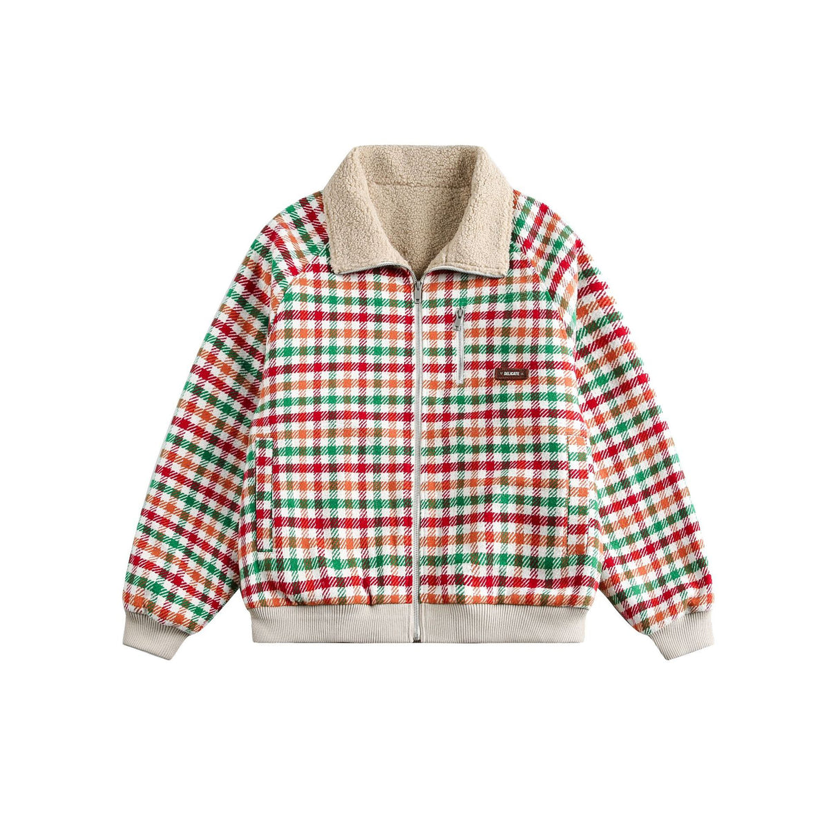 Women's Checkered Teddy Fleece Blouson in Boxy Cut with Stand Collar EVA-US
