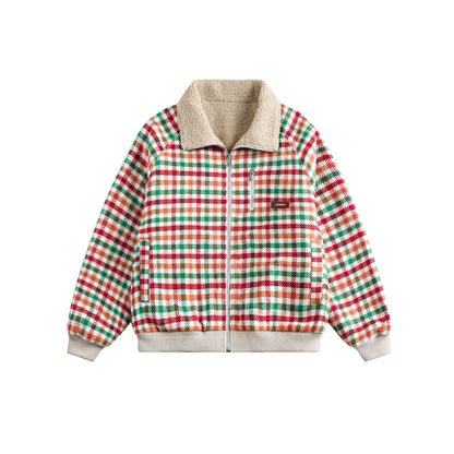Women's Checkered Teddy Fleece Blouson in Boxy Cut with Stand Collar EVA-US