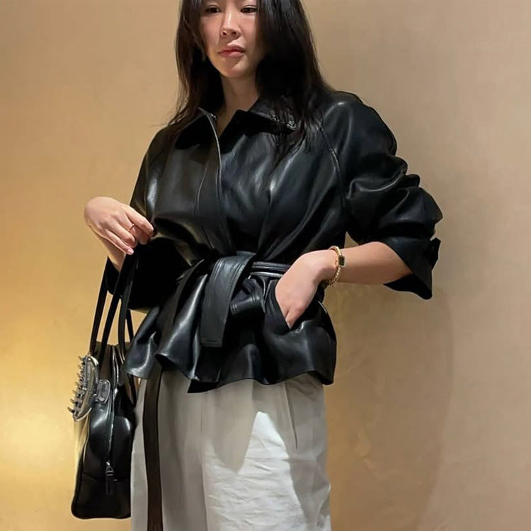Women Tailorable Faux Leather Jacket with Wrap Belt and Boxy Silhouette EVA-US