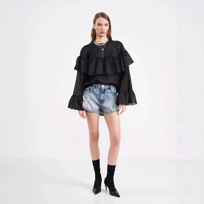 Women's Transparent Ruffle Blouse with Double Ruffle and Bell Sleeves EVA-US