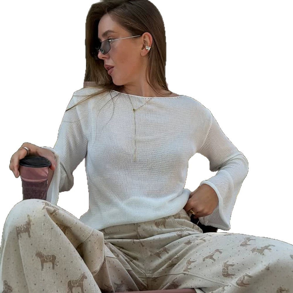 Women's chunky knit sweater with wide boat neckline & extra wide trumpet sleeves EVA-US