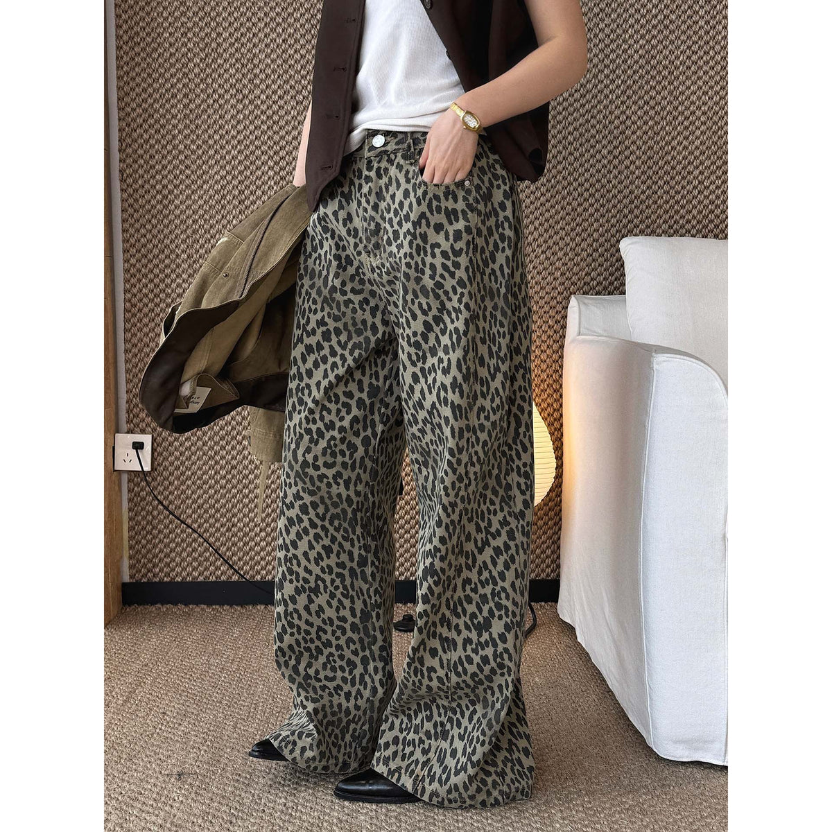 Women Wide High-Waist Palazzo Pants in Leopard Print with Relaxed Fit and High Waist EVA-US