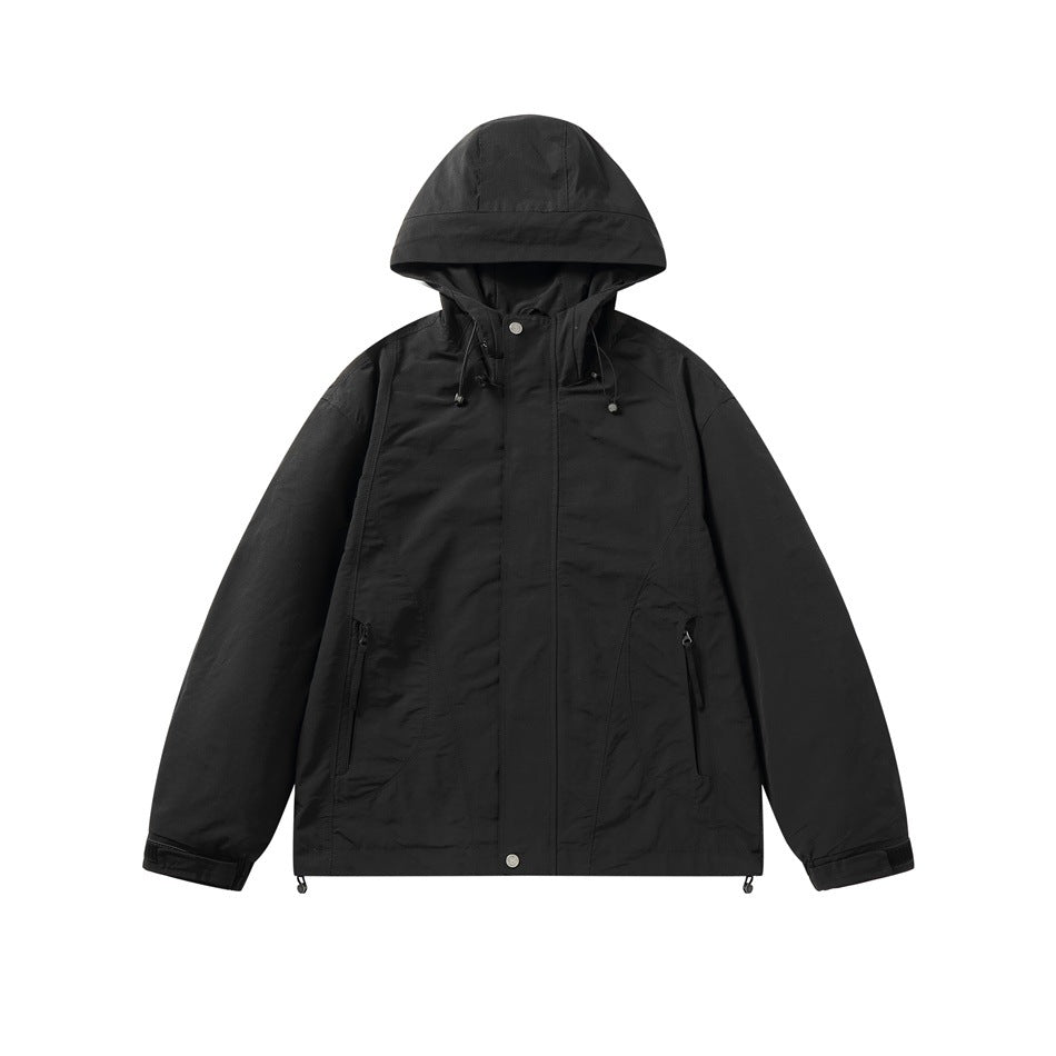 Unisex Light windproof hooded jacket in boxy cut with drawstring and concealed front EVA-US