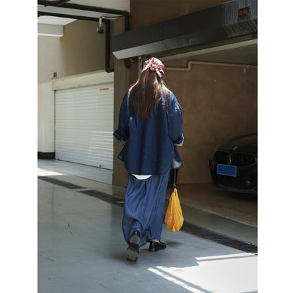 Women's Long Denim Maxi Skirt with Elastic Drawstring Waistband and Attached Cargo Pocket EVA-US