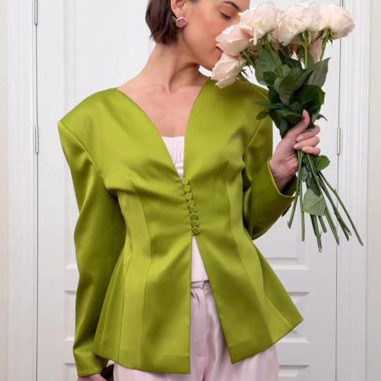 Women's Tailored Satin Blazer with Emphasized Peplum and Decorative Button Placket EVA-US