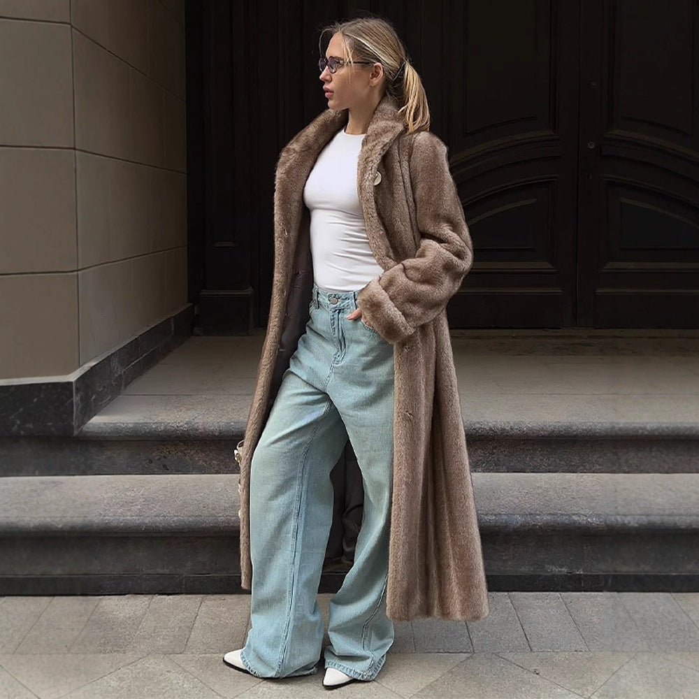 Women's Maxi Faux Fur Coat with Wide Lapel and Loose Fit EVA-US