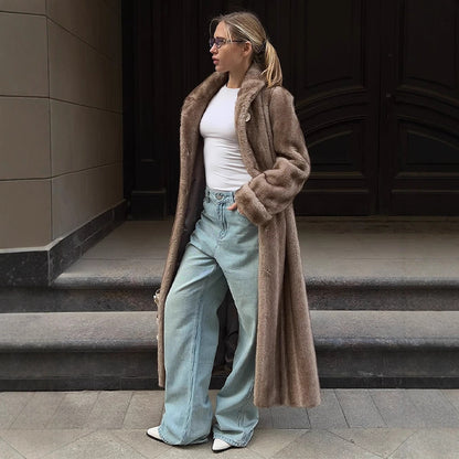 Women's Maxi Faux Fur Coat with Wide Lapel and Loose Fit EVA-US