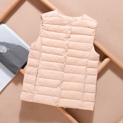 Women's Lightweight Quilted Down Vest with Stand-Up Collar and Snap Button Placket EVA-US