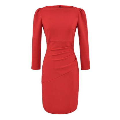 Women Figure-hugging Midi Dress with Gathered Wrap Look and Long Sleeves EVA-US