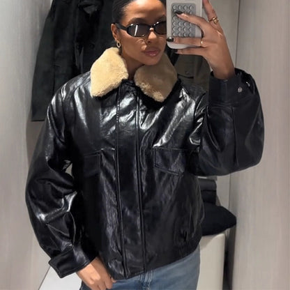 Women's Shiny Oversized Faux Leather Bomber Jacket with Voluminous Faux Fur Collar EVA-US