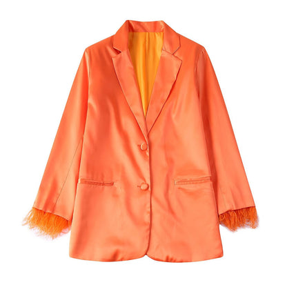 Women's Satin One-Button Blazer with Feather Trim on Sleeves EVA-US