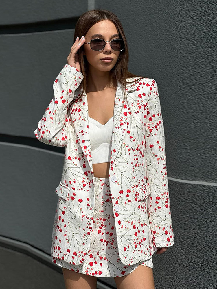 Ladies Floral Blazer and Mini Skirt Set made of textured cotton blend EVA-US
