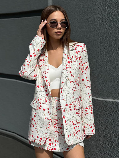 Ladies Floral Blazer and Mini Skirt Set made of textured cotton blend EVA-US