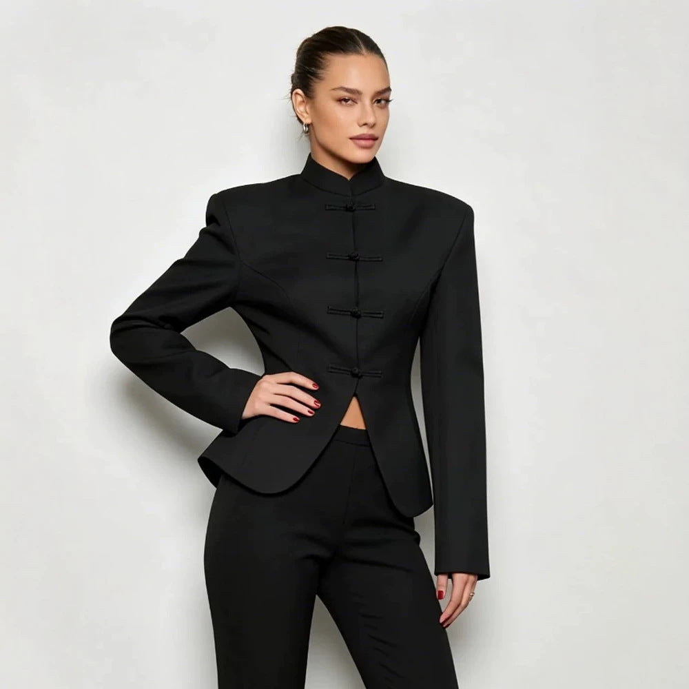 Women's Sculpted Blazer with Stand Collar, Decorative Knot Closures and Tailored Silhouette EVA-US