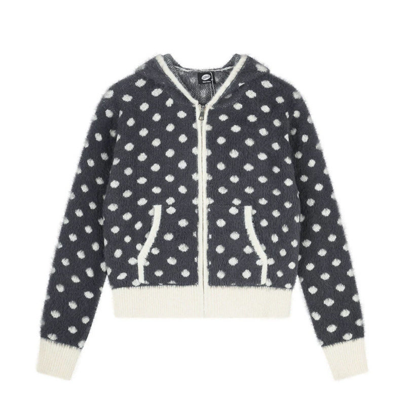 Women Fluffy Hooded Zip Jacket with Polka Dot Jacquard and Pockets EVA-US