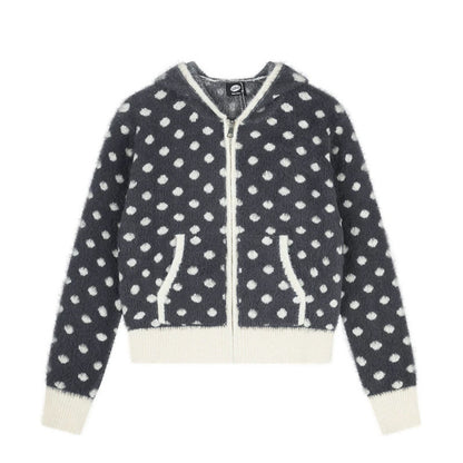 Women Fluffy Hooded Zip Jacket with Polka Dot Jacquard and Pockets EVA-US