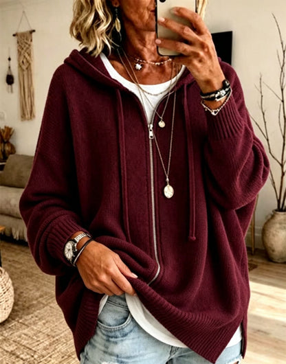 Women Oversize Hooded Zip Cardigan made of soft fine knit EVA-US