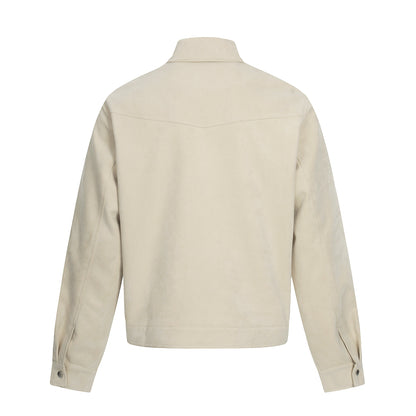 Men's short-cut suede leather blouson with stand-up collar, decorative embroidery, and toggle closure EVA-US