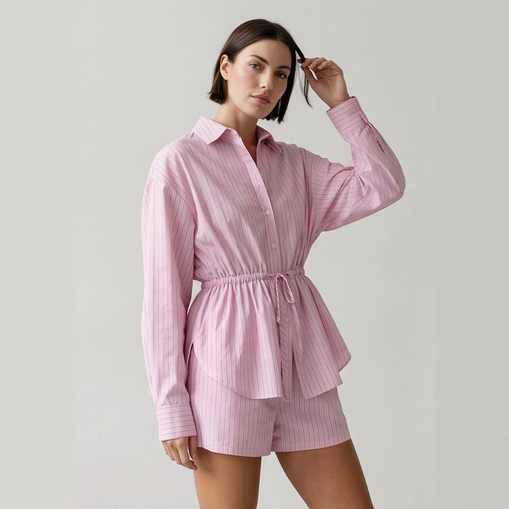 Women Striped Loungewear Set made of Lightweight Cotton with Drawstring Waist & Shorts EVA-US