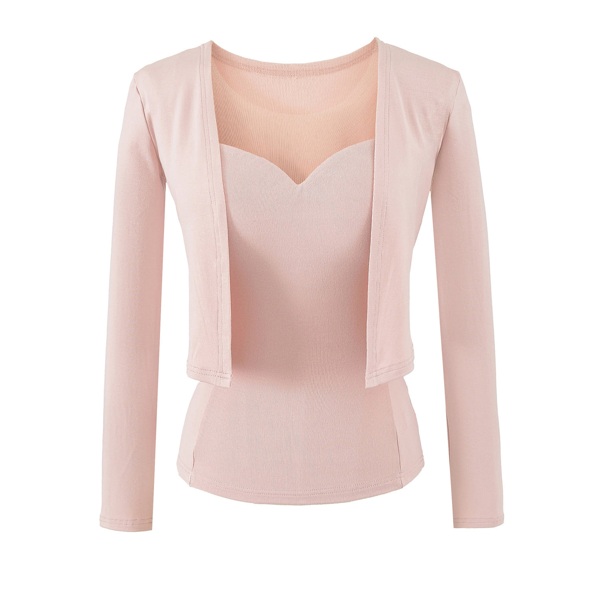 Ladies Two-Piece Fine Knit Top Set with Mesh Insert and Open Cardigan EVA-US