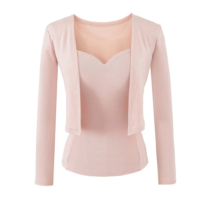 Ladies Two-Piece Fine Knit Top Set with Mesh Insert and Open Cardigan EVA-US