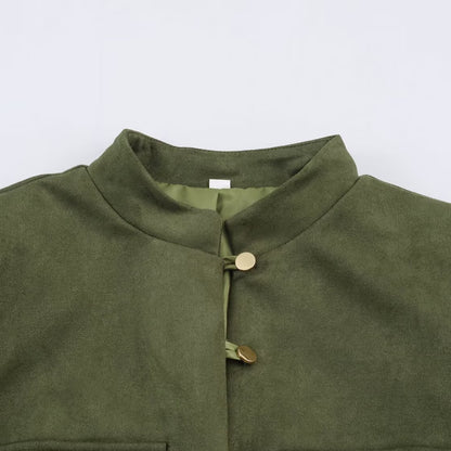 Women's short jacket in Mandarin style made of suede look with patch pockets and decorative buttons EVA-US
