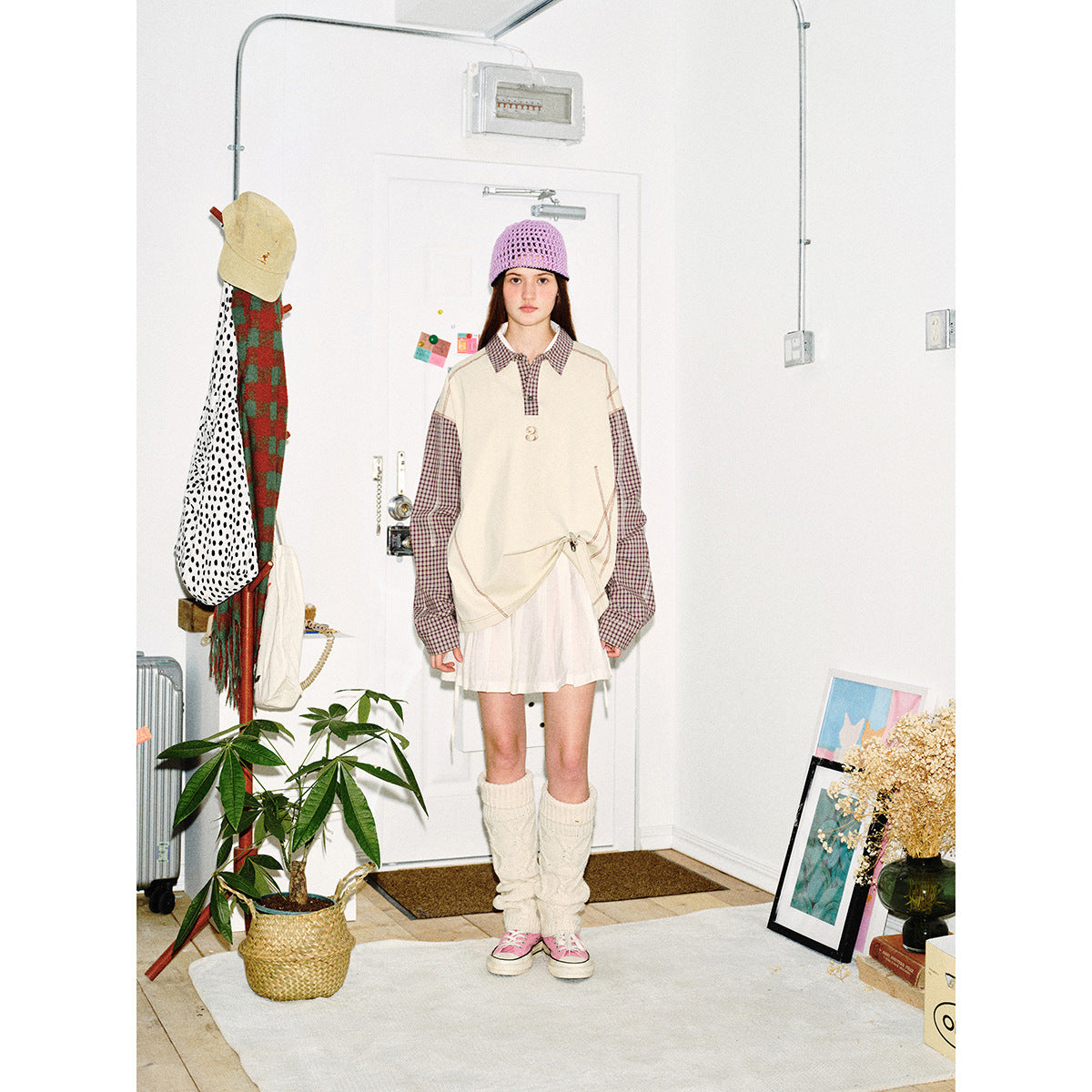 Unisex Oversize Long Sleeve Polo Shirt with Checked Sleeves, Shirt Collar and Decorative Topstitching EVA-US