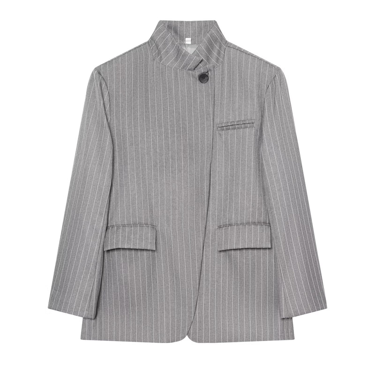 Women Checked Long Blazer with Stand Collar, Concealed Button Placket and Flap Pockets EVA-US