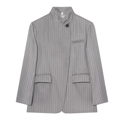 Women Checked Long Blazer with Stand Collar, Concealed Button Placket and Flap Pockets EVA-US