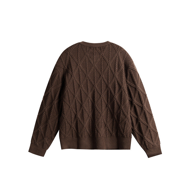 Ladies' knitted cardigan in boxy cut with textured diamond pattern, round neck and continuous button placket EVA-US