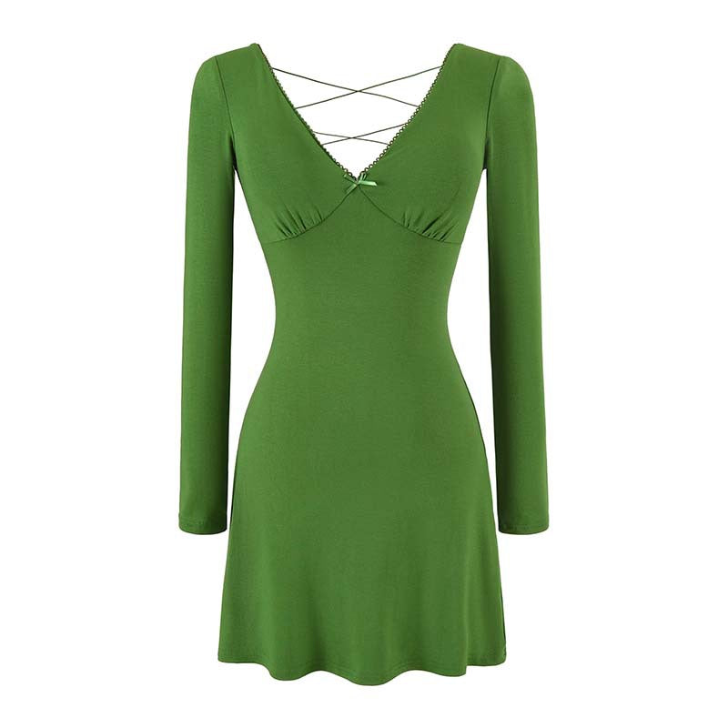 Ladies form-fitting mini dress with a deep V-neckline, gathered bust, and crossed back straps EVA-US