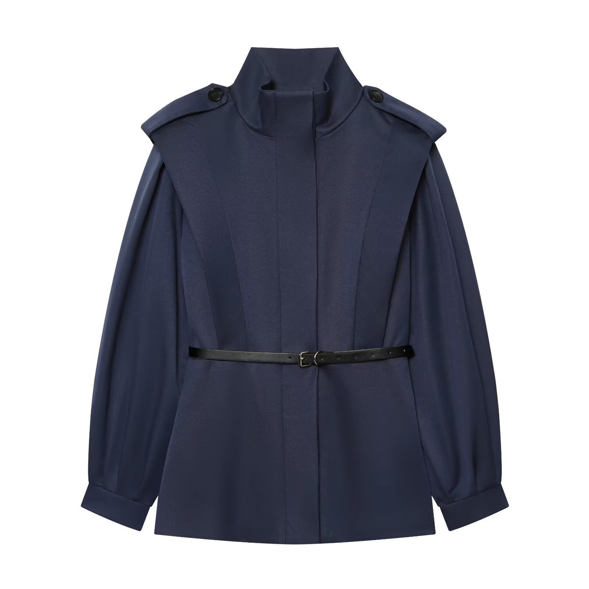 Women Short Cape Trench with High Funnel Collar and Waist Belt EVA-US