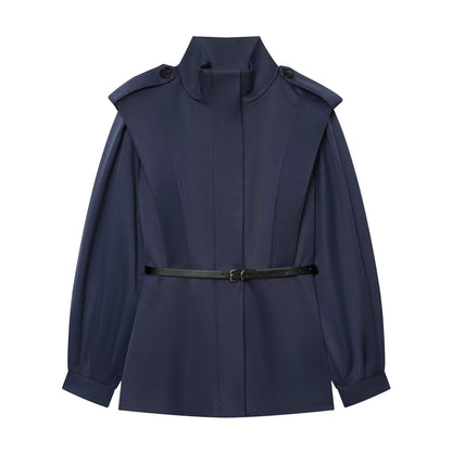 Women Short Cape Trench with High Funnel Collar and Waist Belt EVA-US